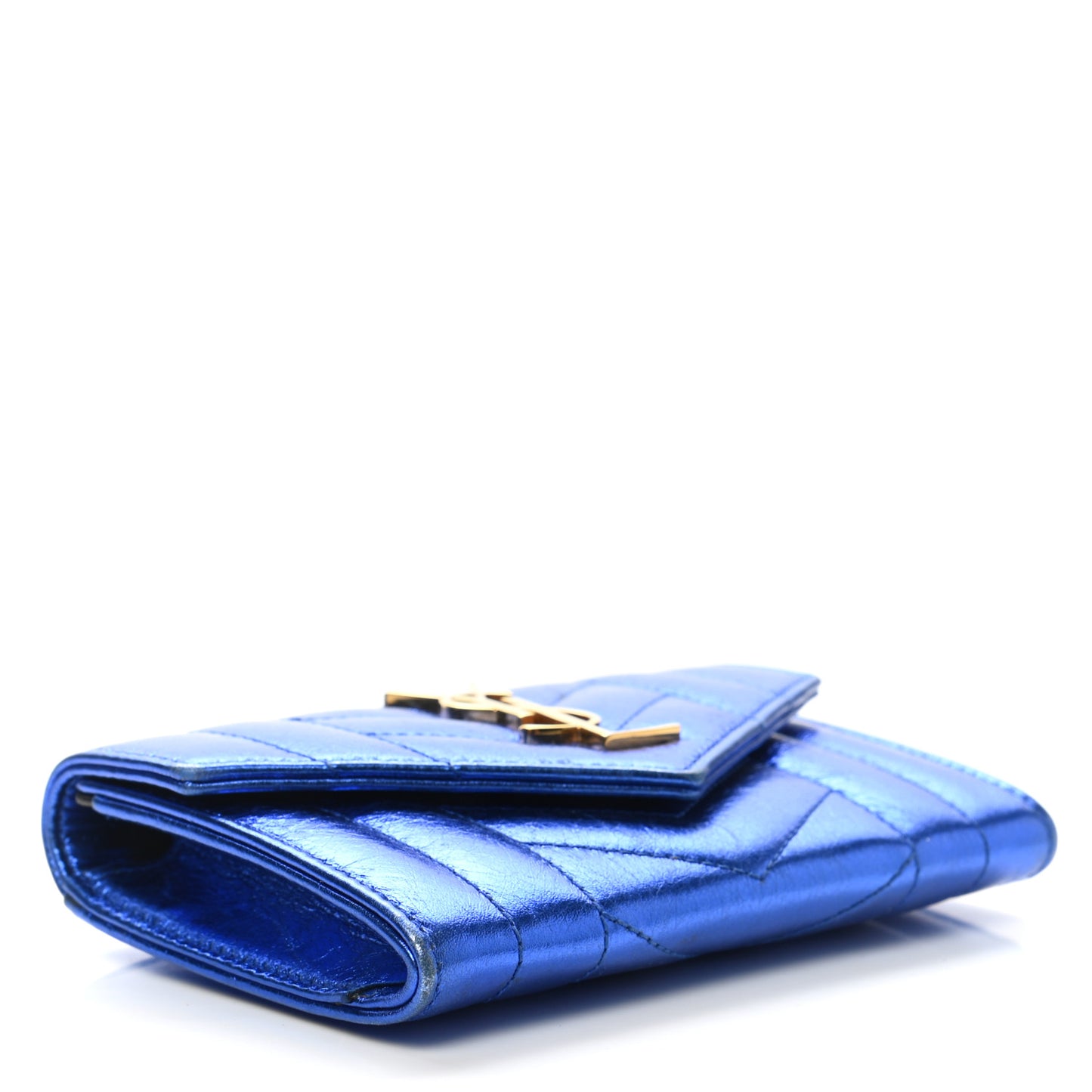 Metallic Goatskin Mixed Matelasse Chevron Small Monogram Envelope Wallet Blue