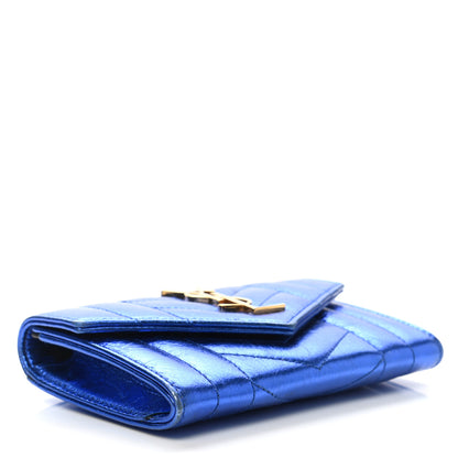 Saint Laurent Metallic Goatskin Mixed Matelasse Chevron Small Monogram Envelope Wallet Blue 4 of 8