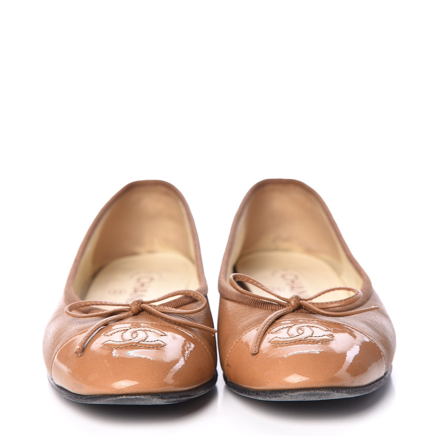 Patent Goatskin Cap Toe Ballerina Flats 37.5 Camel