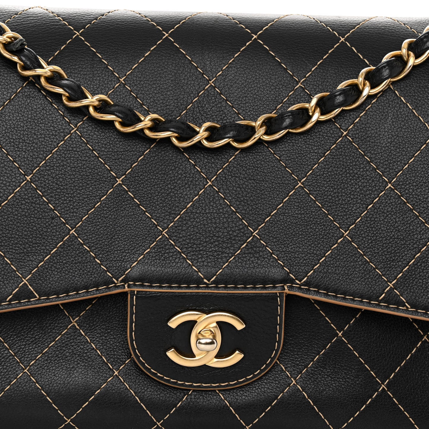 Calfskin Stitched Jumbo Double Flap Black
