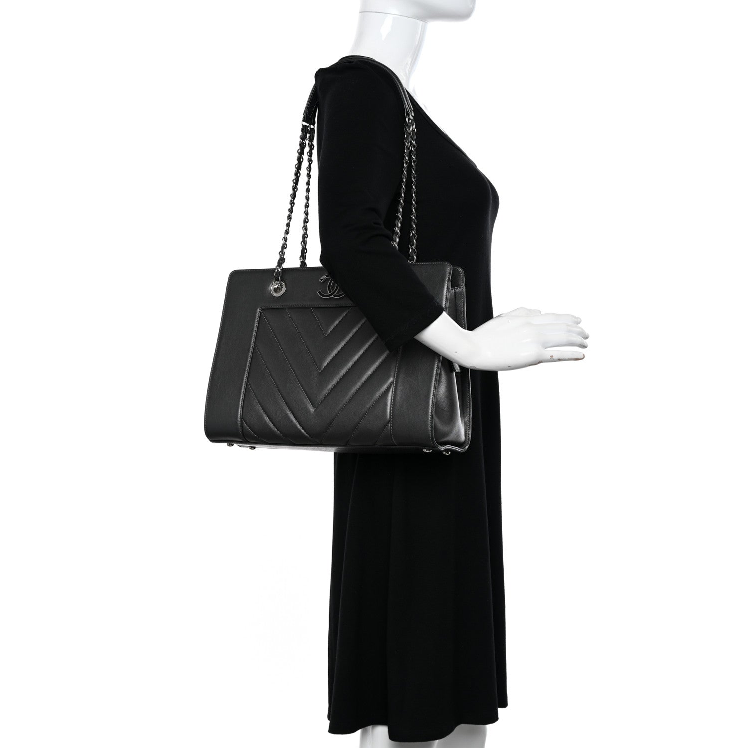 Chanel Sheepskin Chevron Quilted Mademoiselle Vintage Shopping Tote Dark Grey 2 of 12