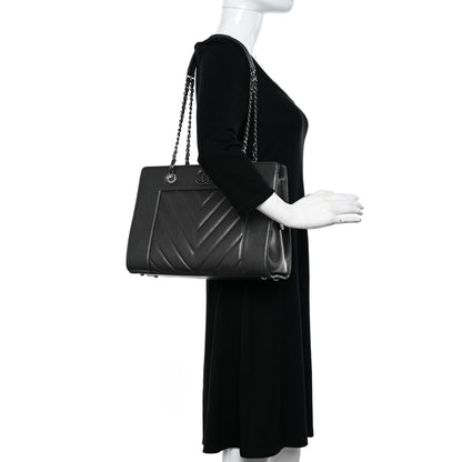 Chanel Sheepskin Chevron Quilted Mademoiselle Vintage Shopping Tote Dark Grey 2 of 12