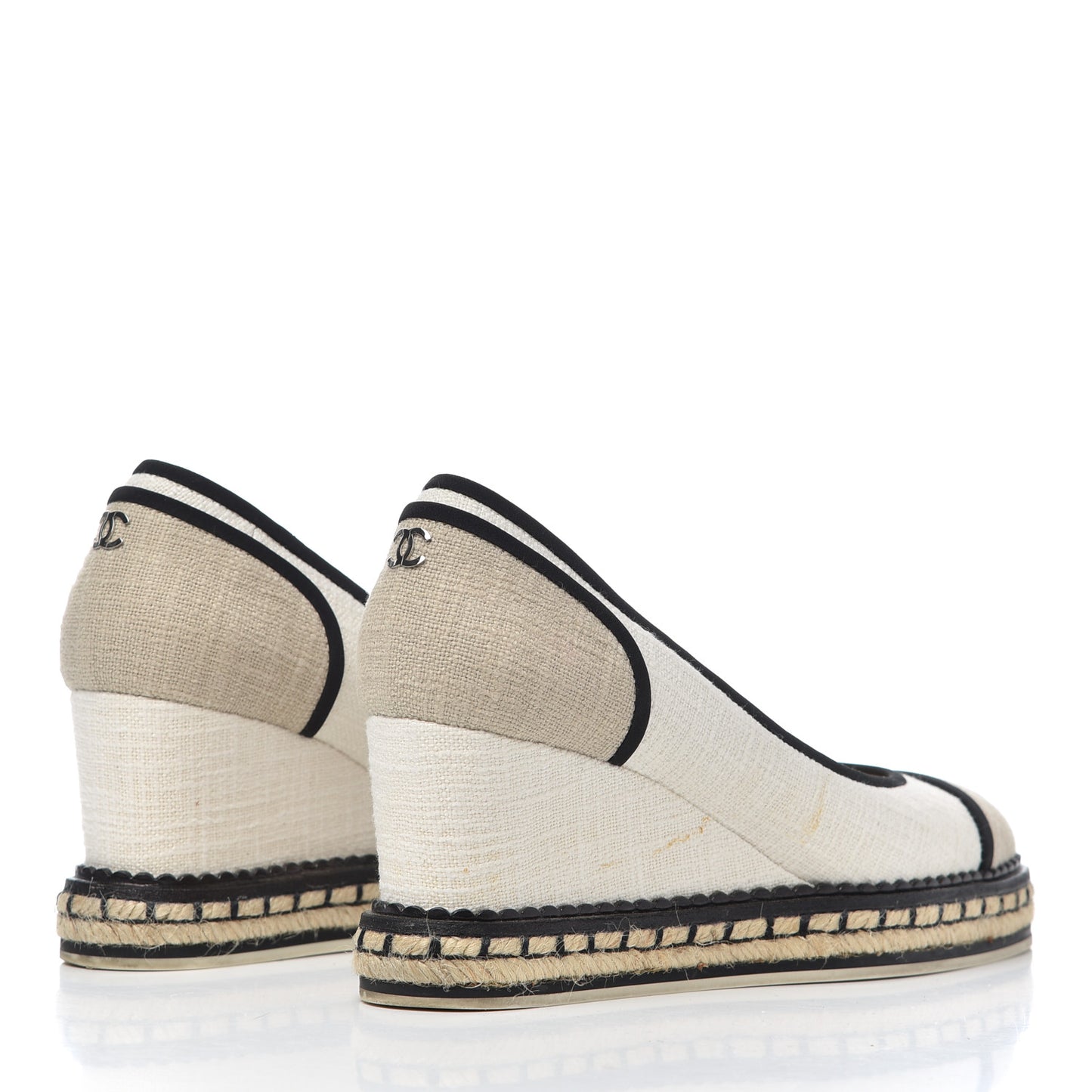 Toile Cap Toe Espadrille Wedges 36.5 Beige Black
