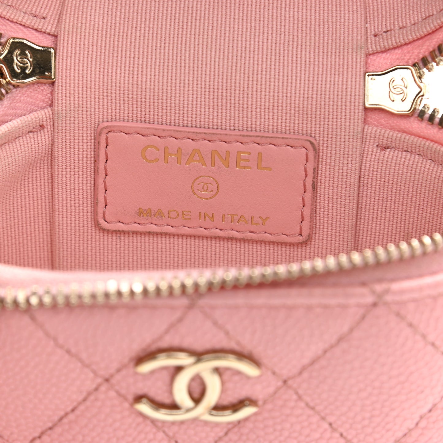 Caviar Quilted Small Handle With Care Vanity Case With Chain Pink
