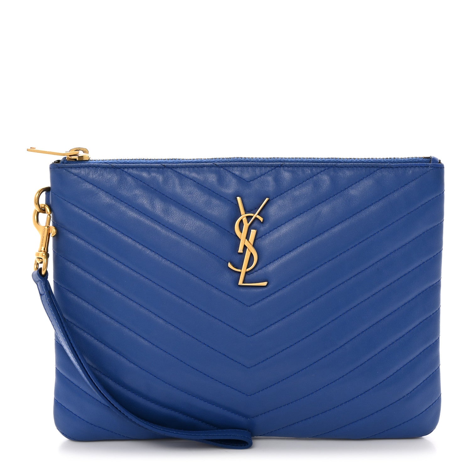 Saint Laurent Calfskin Matelasse Chevron Monogram Zip A5 Pouch Blue Majorelle 1 of 7