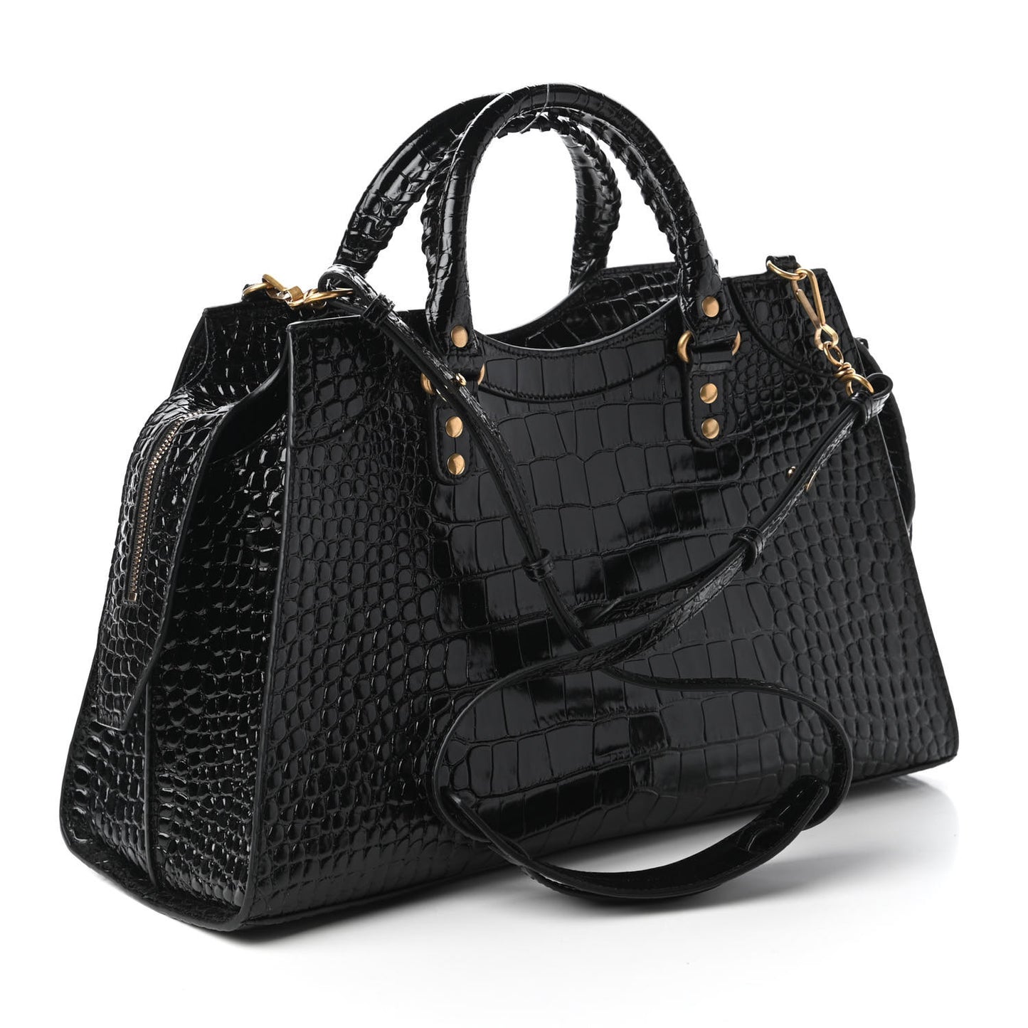 Shiny Supple Calfskin Crocodile Embossed Brass Hardware Neo Classic City Black