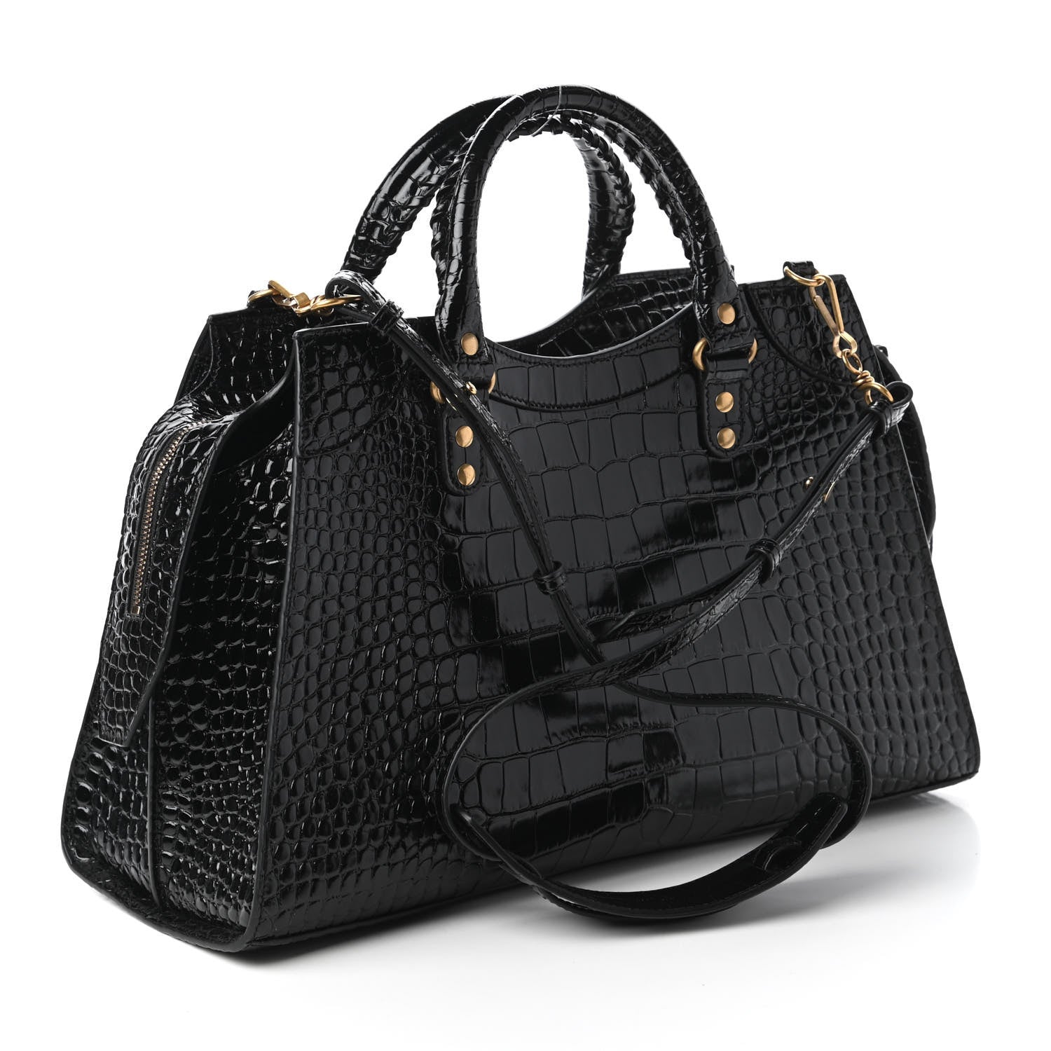 Balenciaga Shiny Supple Calfskin Crocodile Embossed Brass Hardware Neo Classic City Black 3 of 9