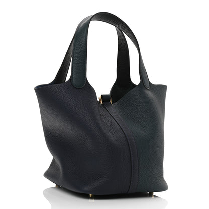 Hermes Taurillon Clemence Casaque Picotin Lock 22 MM Vert Cypres Bleu Nuit Black 3 of 11