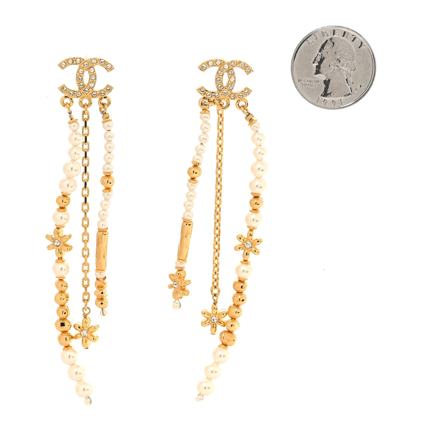 Chanel Pearl Crystal CC Flower Chain Multi Drop Earrings Gold 2 of 5
