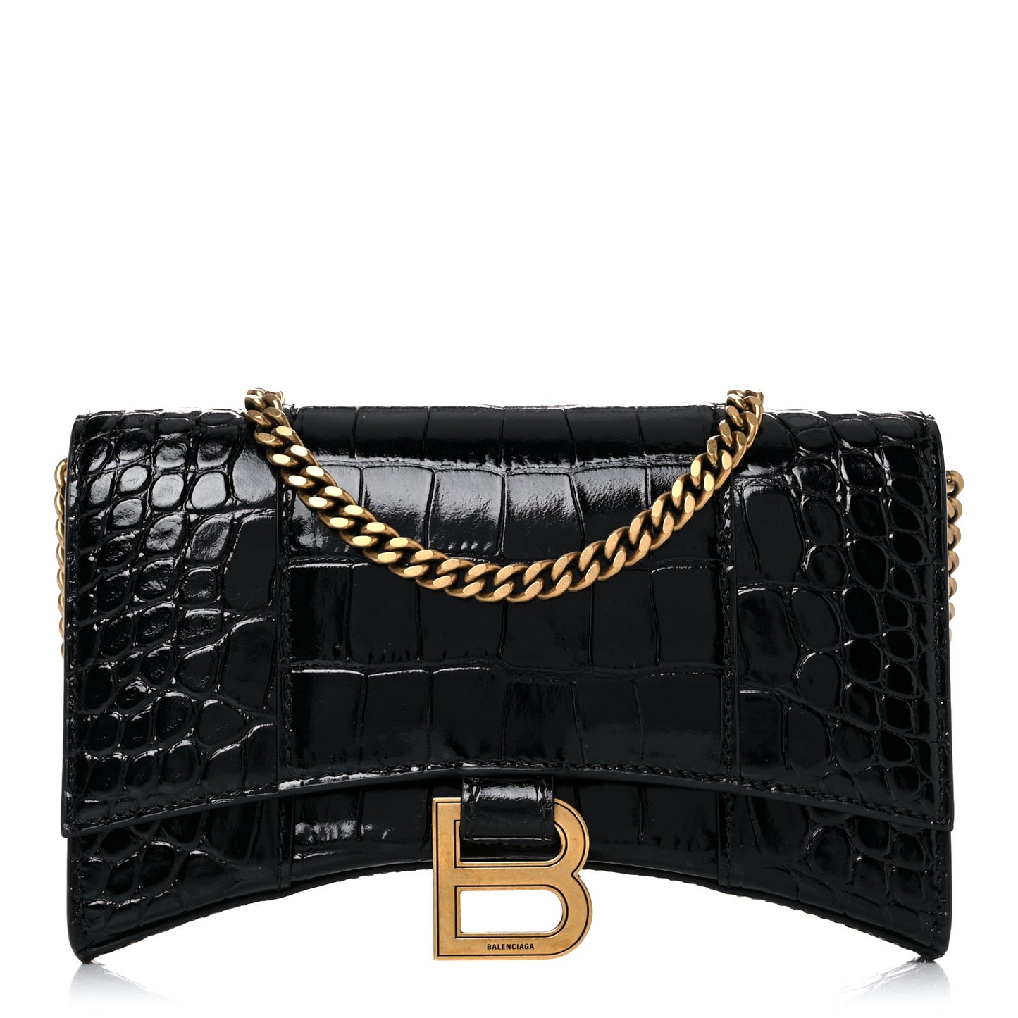 Shiny Calfskin Crocodile Embossed Hourglass Chain Bag Black