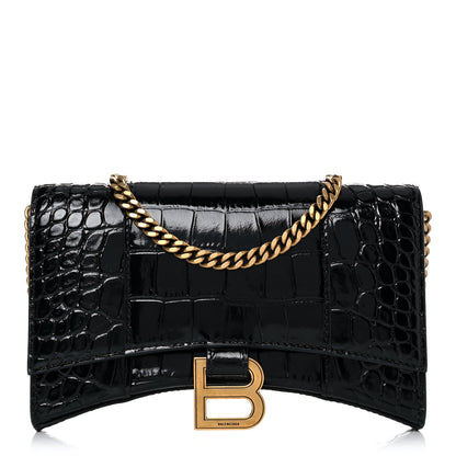 Balenciaga Shiny Calfskin Crocodile Embossed Hourglass Chain Bag Black 1 of 13