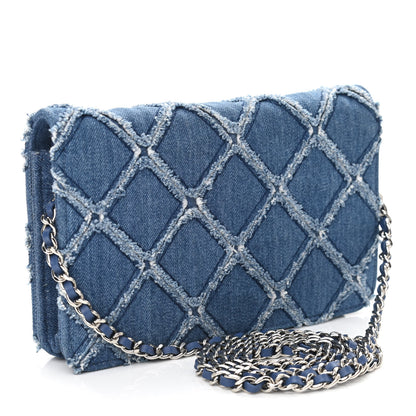 Chanel Frayed Denim Quilted Wallet On Chain WOC Blue 2 of 9