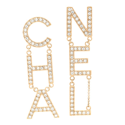 Chanel Crystal Cha-Nel Logo Drop Earrings Gold 1 of 5