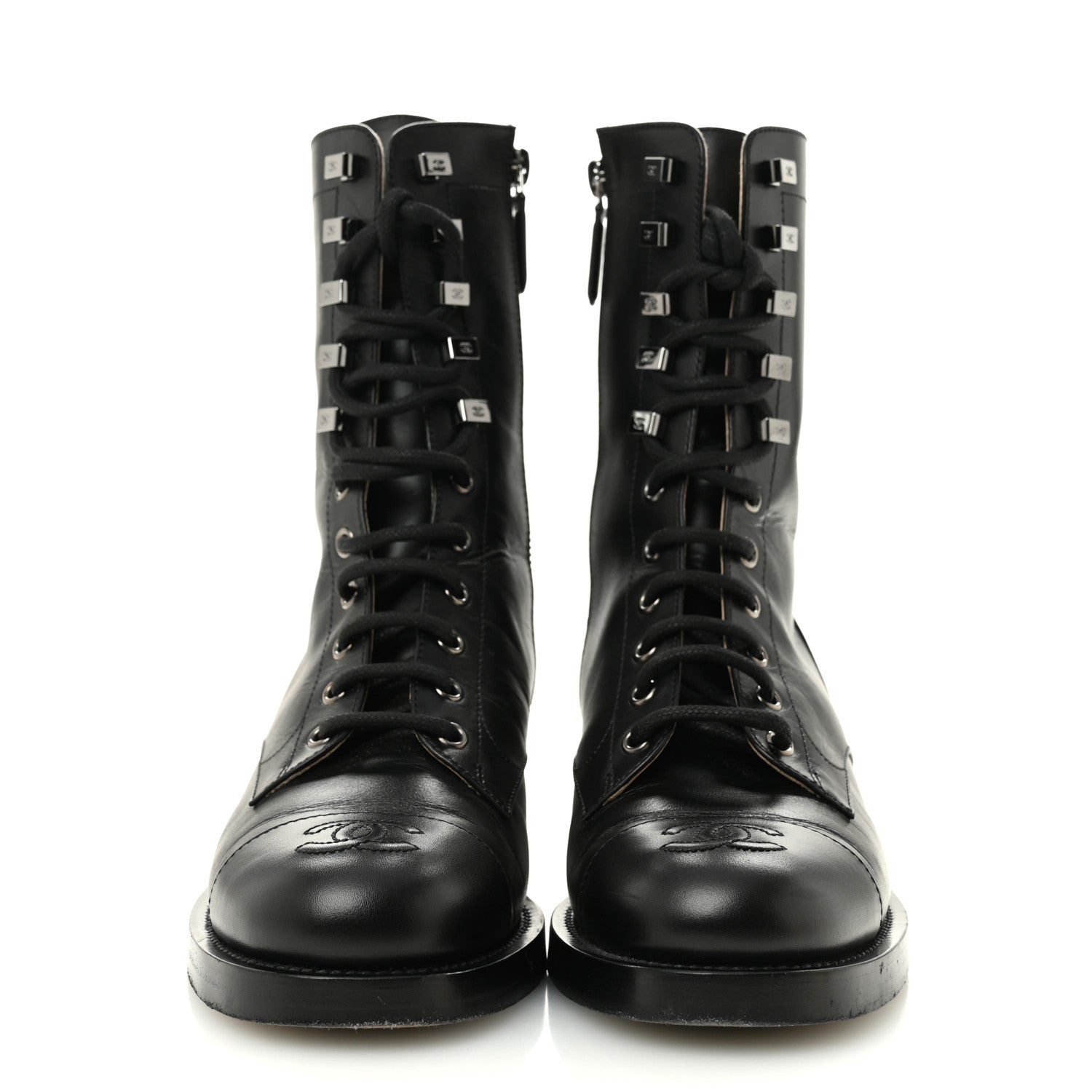 Chanel Calfskin Lace Up Combat Boots 37.5 Black 3 of 13