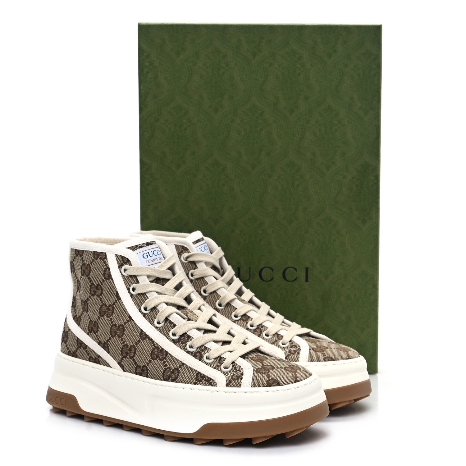 Gucci New Canvas GG Monogram Womens Tennis 1977 High Top 55mm Platform Sneakers 38.5 Beige Ebony Mystic White 9 of 9
