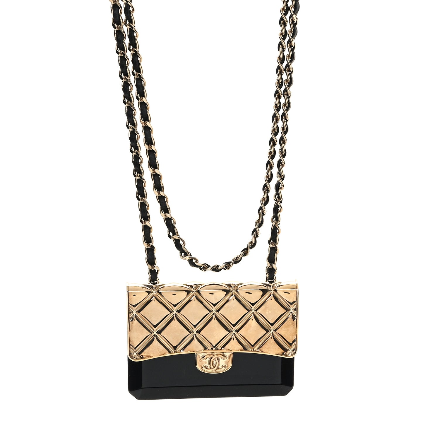 Metal Resin Lambskin Flap Bag Long Necklace Gold Black