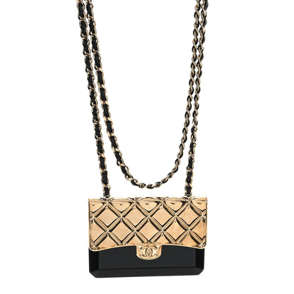 Chanel Metal Resin Lambskin Flap Bag Long Necklace Gold Black 1 of 6