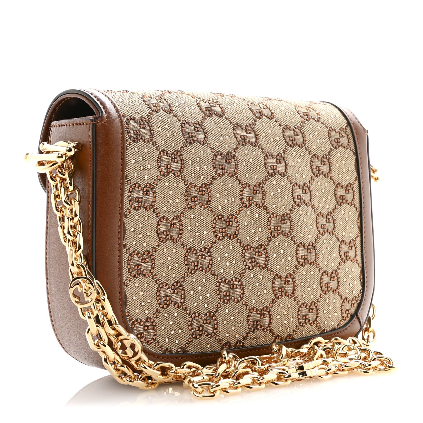 New Canvas Charisma Calfskin Crystal GG Monogram Mini Horsebit 1955 Shoulder Bag Camel Ebony