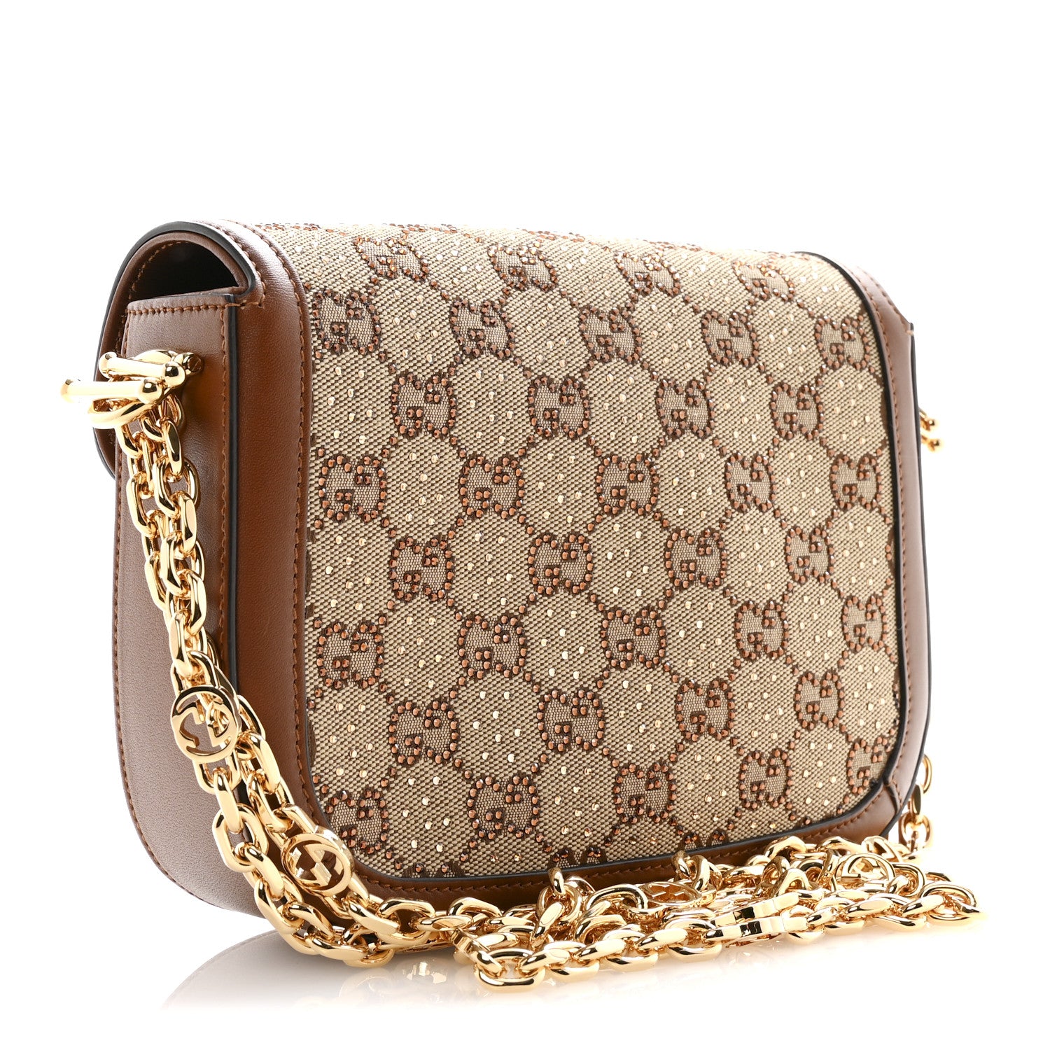 Gucci New Canvas Charisma Calfskin Crystal GG Monogram Mini Horsebit 1955 Shoulder Bag Camel Ebony 3 of 10