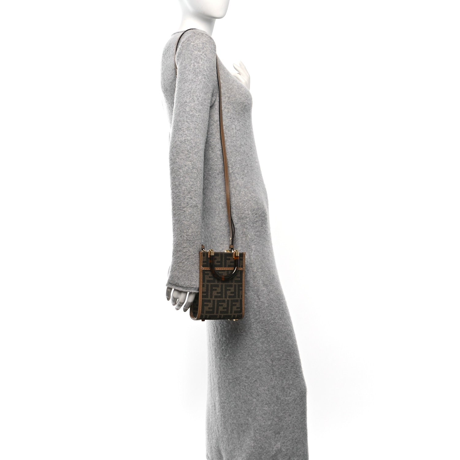 Fendi Fabric Jacquard Vitello King Plexiglass FF 1974 Mini Fendi Sunshine Shopper Tote Tobacco Moro Sand 2 of 10
