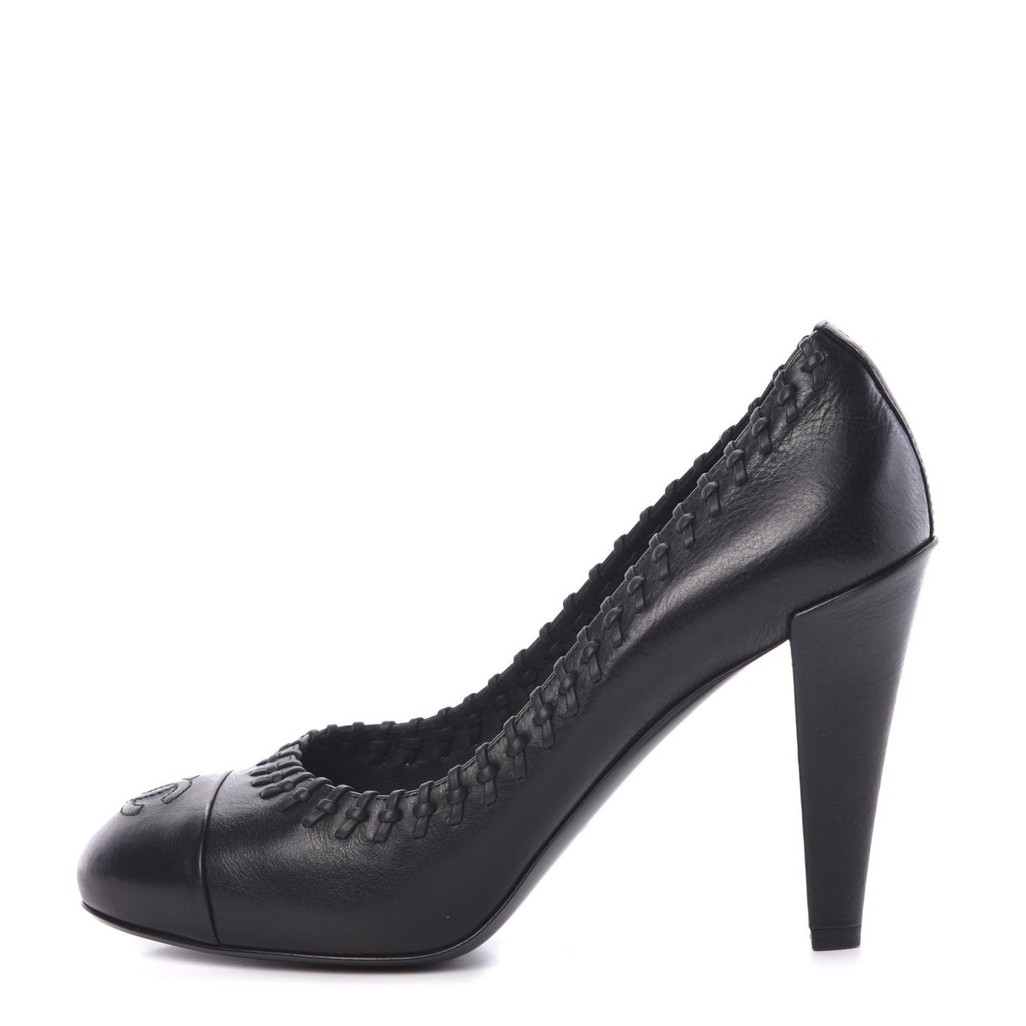 Lambskin Cap Toe Whipstitch Pumps 38.5 Black