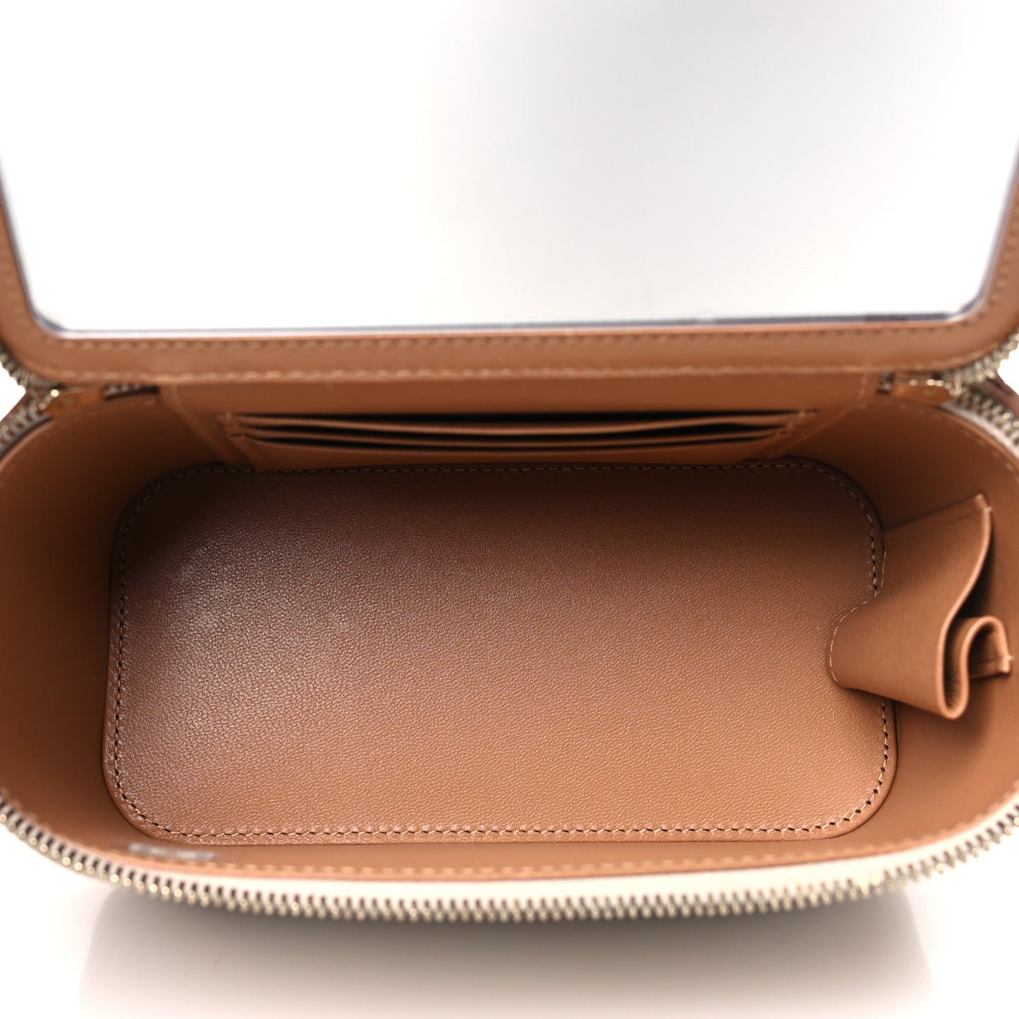 Lambskin Quilted Small Top Handle Vanity Case With Chain Ecru Dark Beige