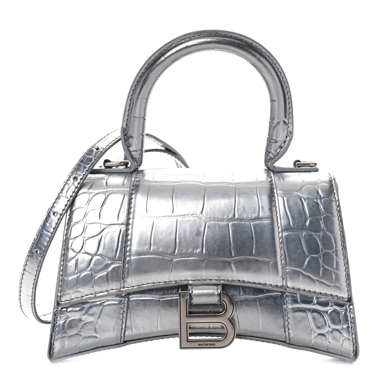 Balenciaga Metallic Calfskin Crocodile Embossed Hourglass Top Handle Bag XS Silver 1 of 14