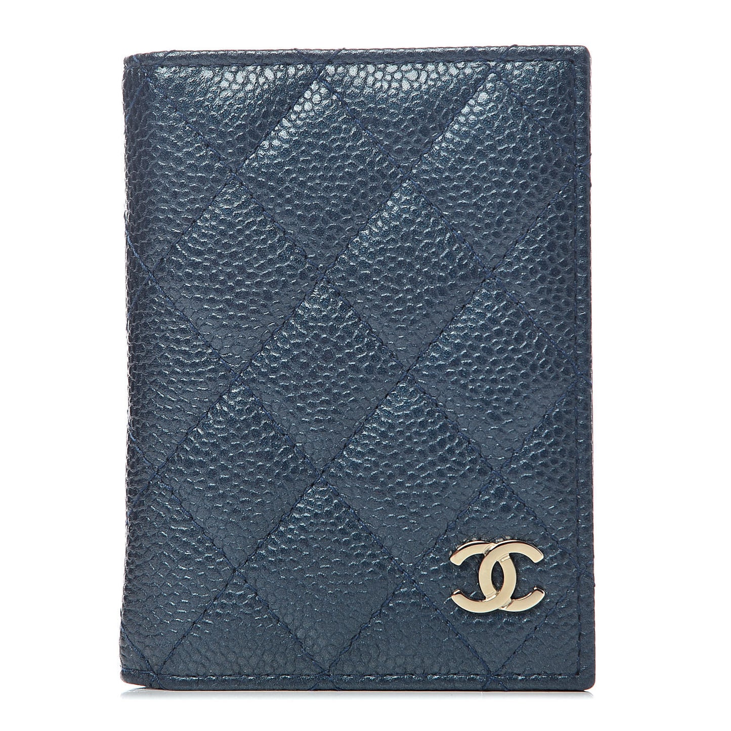 Metallic Caviar Quilted Card Holder Wallet Dark Blue