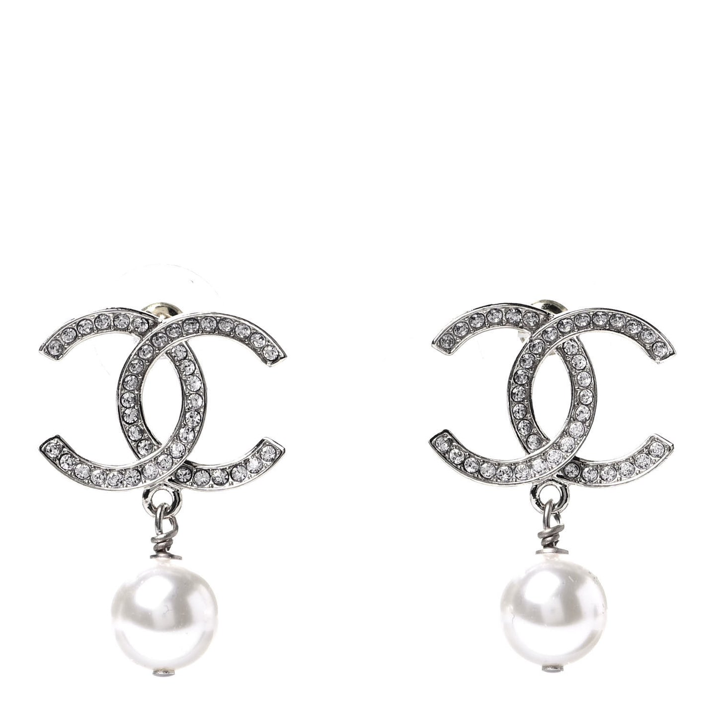 Crystal Pearl CC Drop Earrings Silver