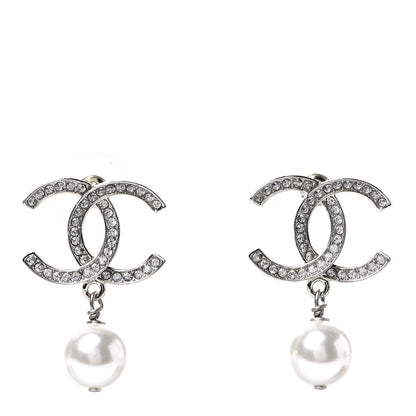 Chanel Crystal Pearl CC Drop Earrings Silver 1 of 5