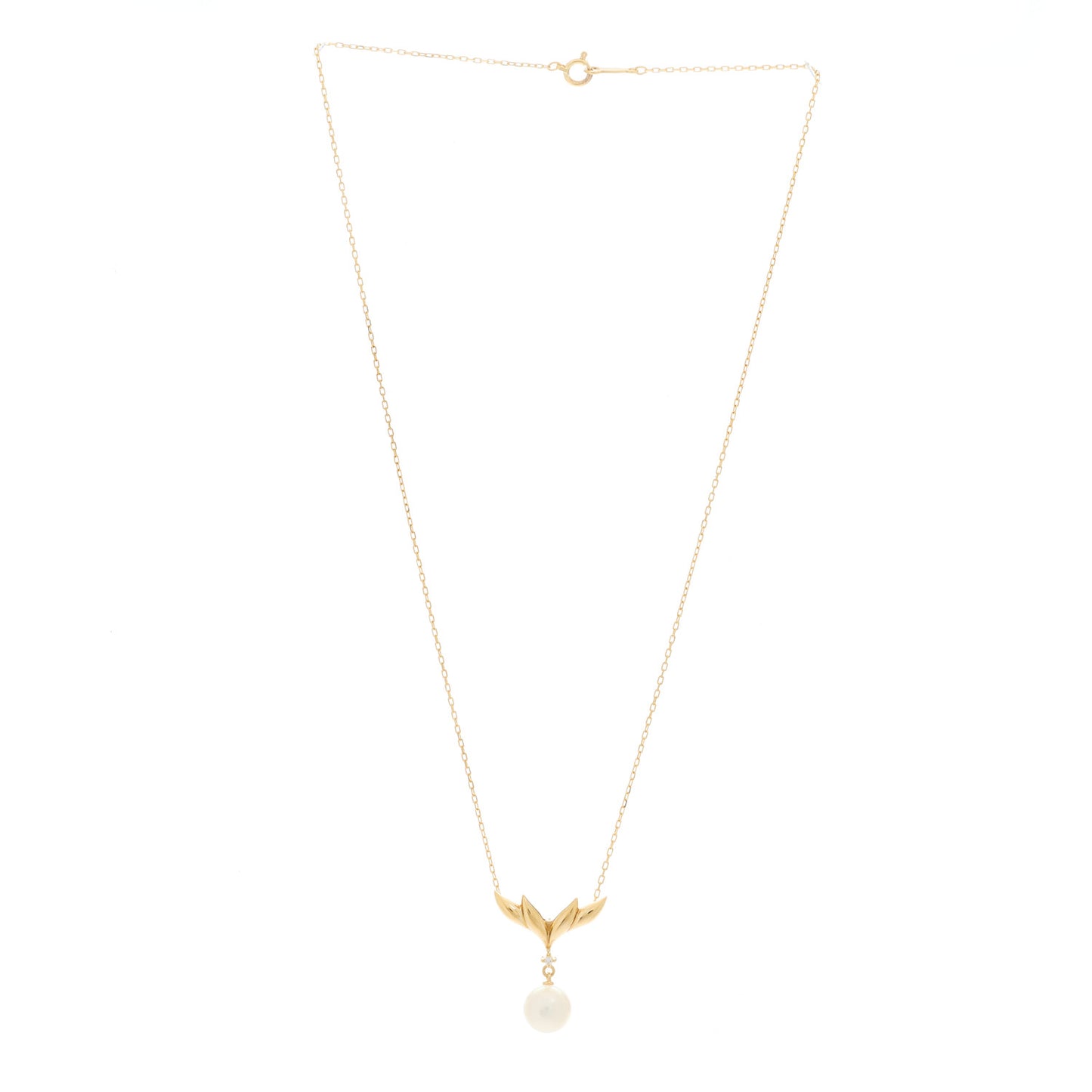18K Yellow Gold Diamond Akoya Pearl 7.5mm Leaf Pendant Necklace