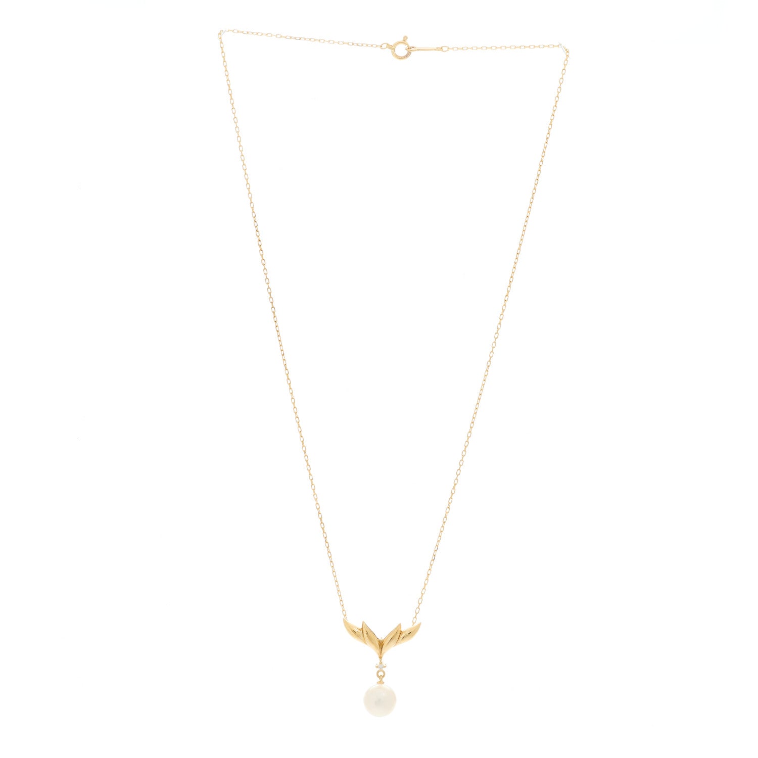 Mikimoto 18K Yellow Gold Diamond Akoya Pearl 7.5mm Leaf Pendant Necklace 2 of 4