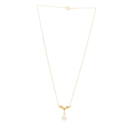 Mikimoto 18K Yellow Gold Diamond Akoya Pearl 7.5mm Leaf Pendant Necklace 2 of 4