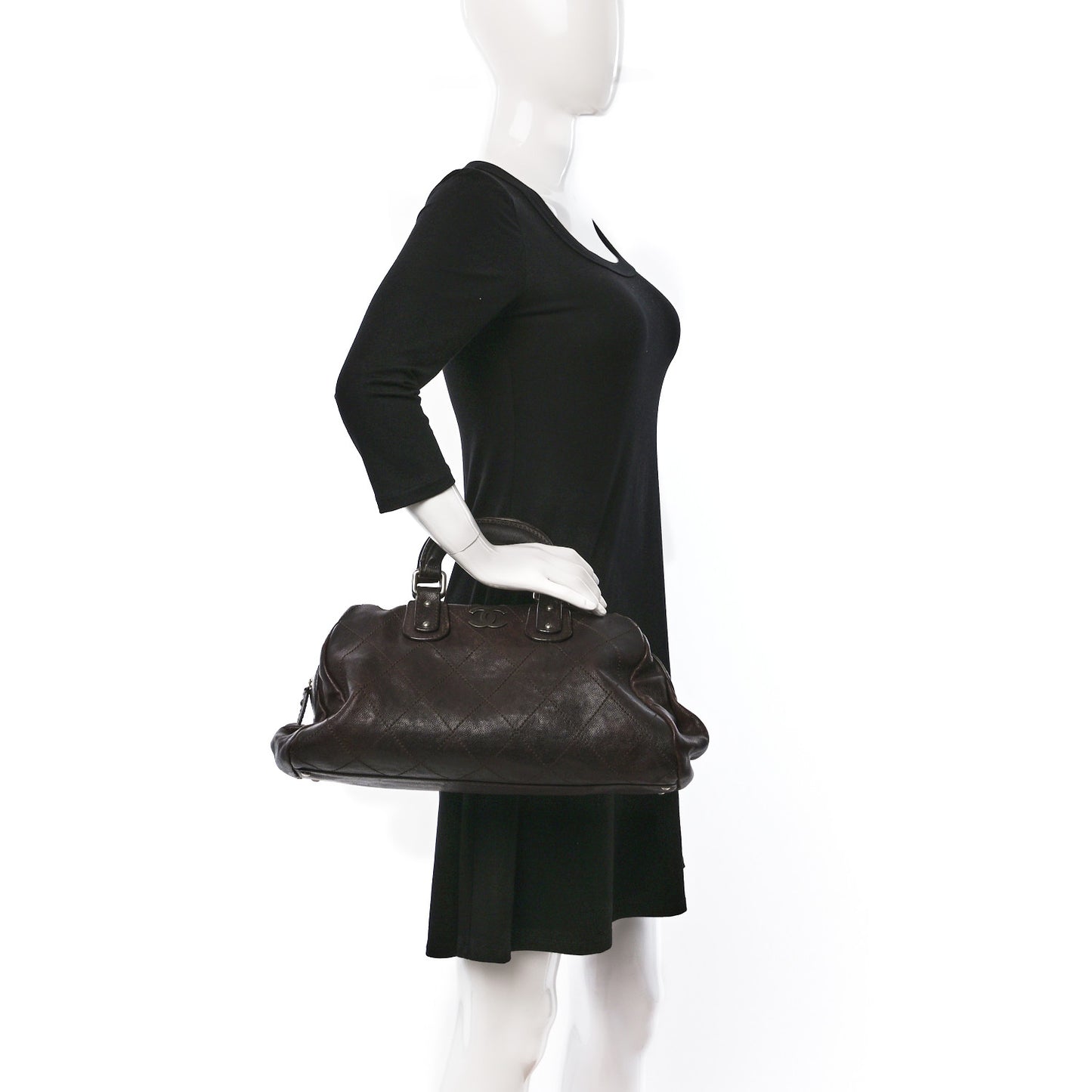 Caviar Quilted Bowler Tote Brown