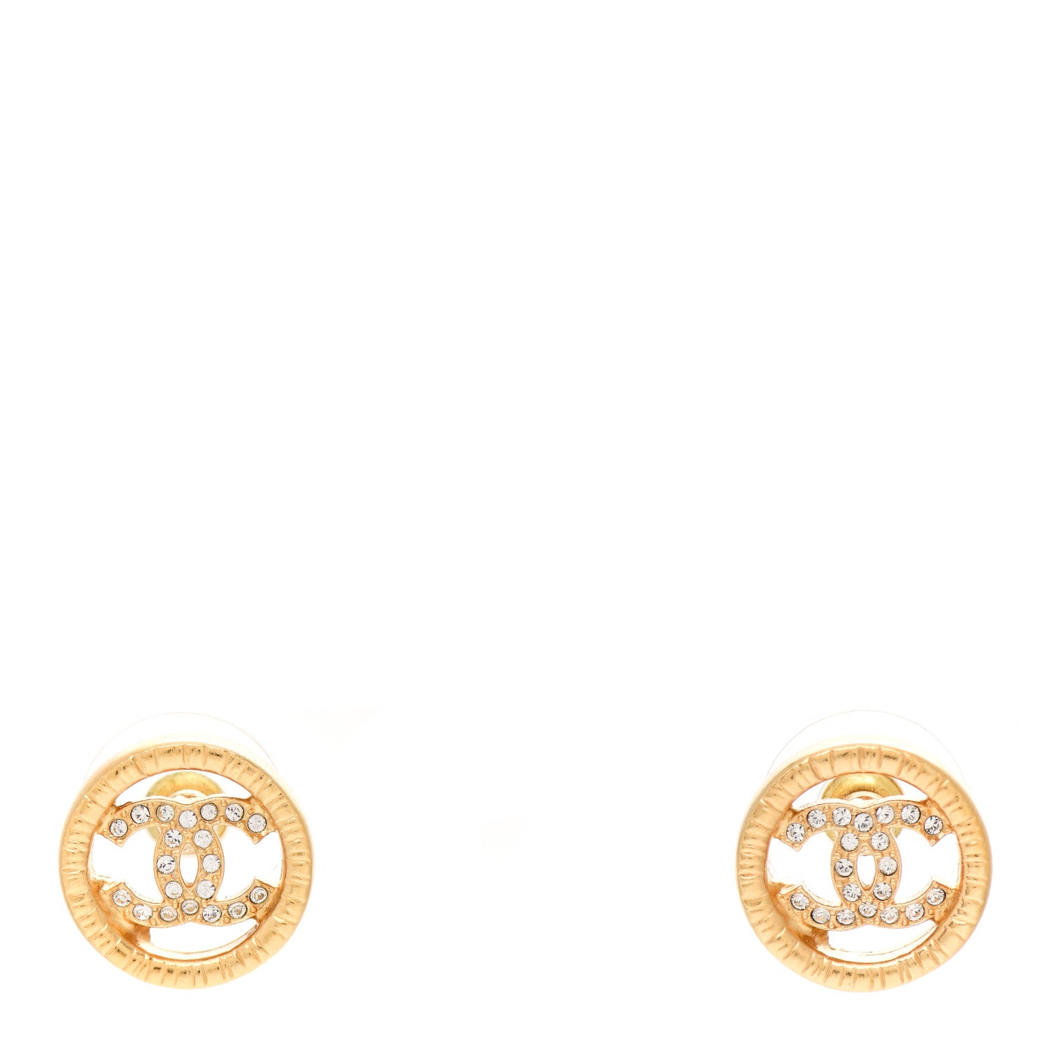 Chanel Metal Crystal Textured CC Round Earrings Gold 1 of 4
