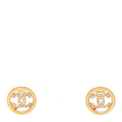 Chanel Metal Crystal Textured CC Round Earrings Gold 1 of 4