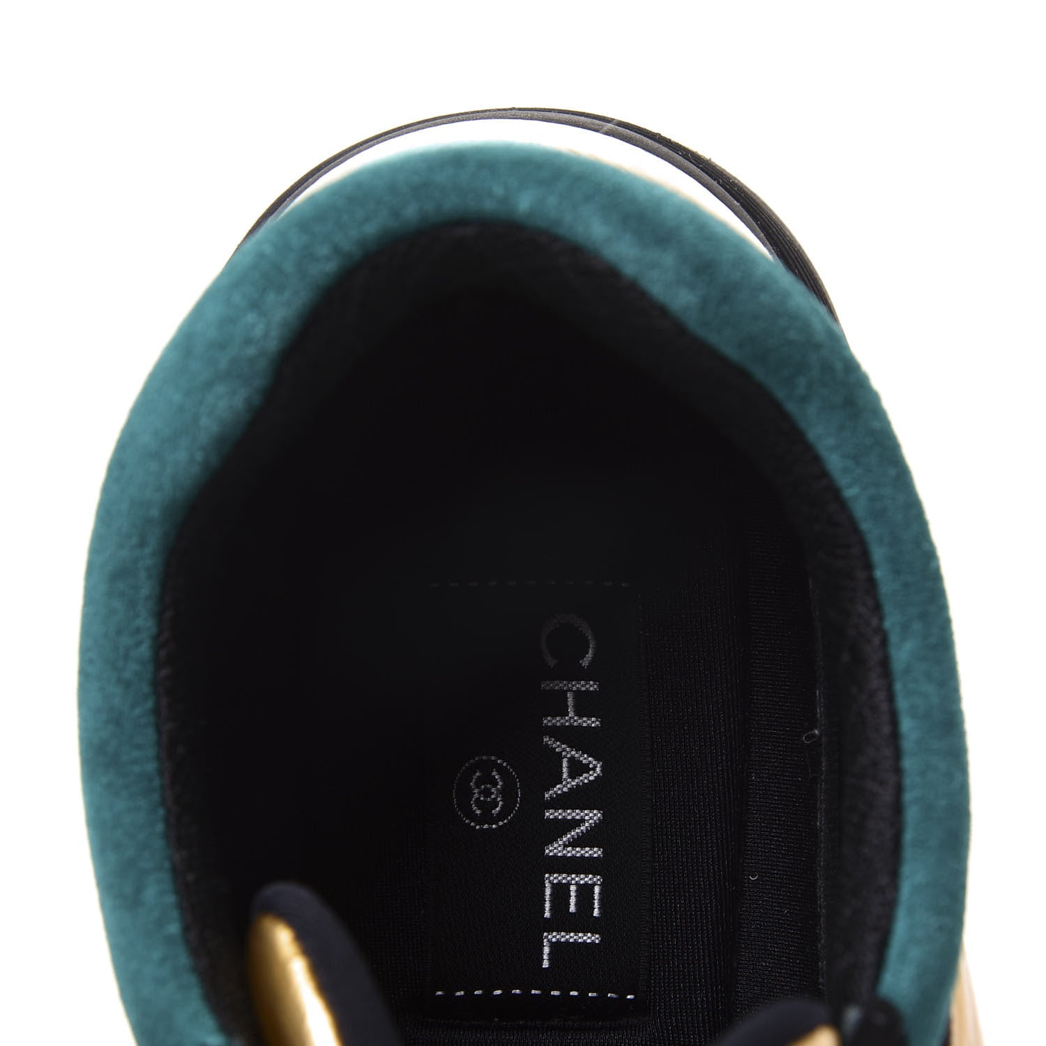 Chanel Fabric Calfskin Suede CC Womens Sneakers 38.5 Black Turquoise Gold 8 of 11
