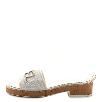 Chanel Tweed Cork CC Chain Mule Sandal 38 White 1 of 8