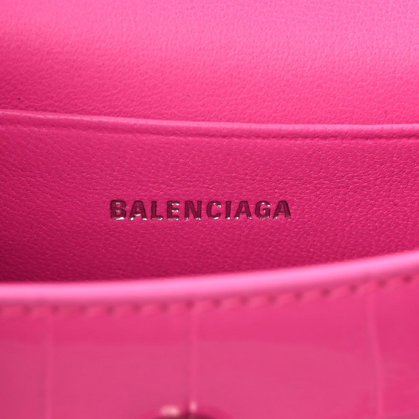 Shiny Calfskin Crocodile Embossed Hourglass Top Handle Bag Mini with Chain Neon Pink