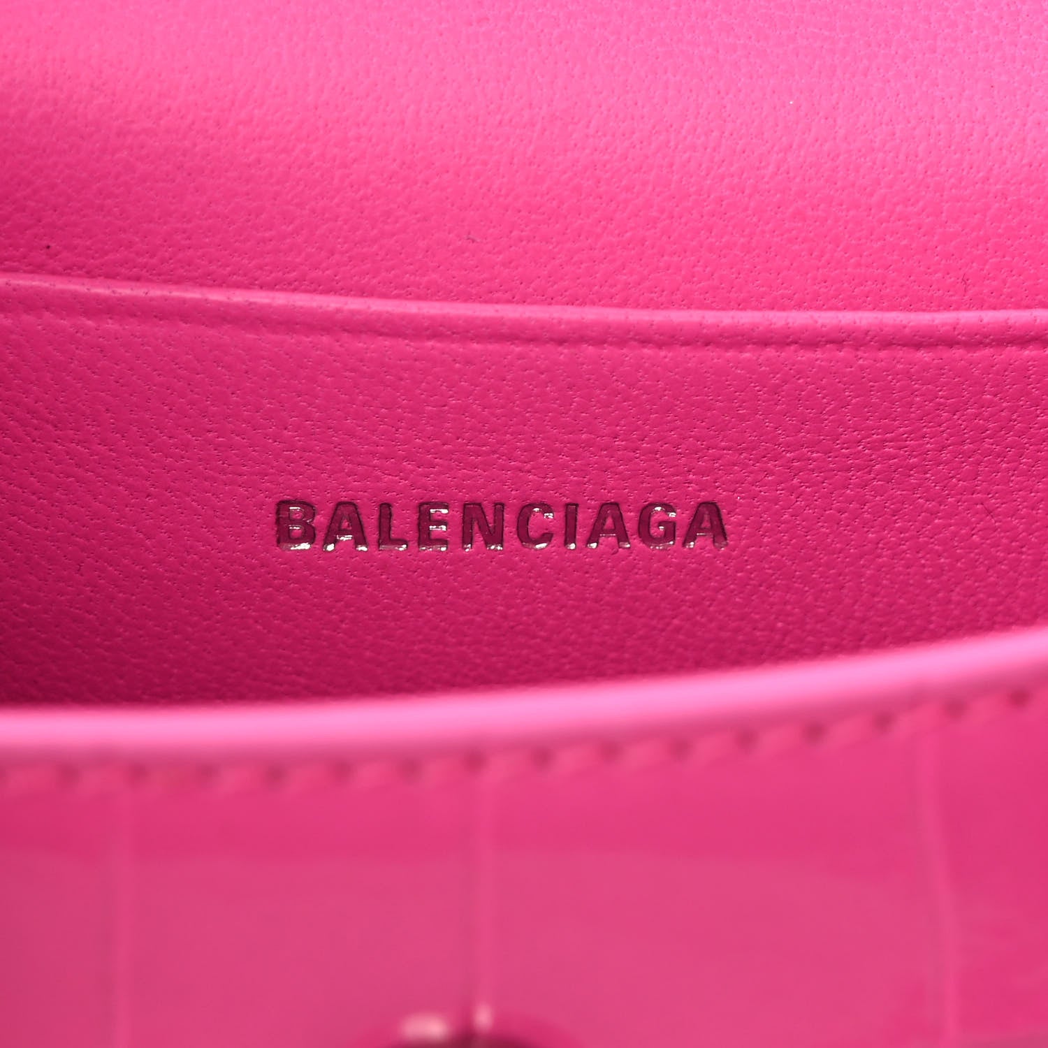 Balenciaga Shiny Calfskin Crocodile Embossed Hourglass Top Handle Bag Mini with Chain Neon Pink 6 of 9