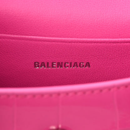 Balenciaga Shiny Calfskin Crocodile Embossed Hourglass Top Handle Bag Mini with Chain Neon Pink 6 of 9