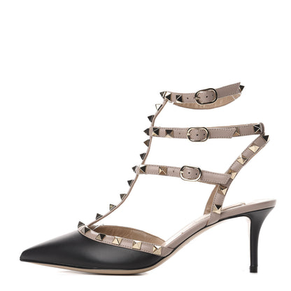 Valentino Garavani Calfskin Nappa Rockstud Ankle Strap 65mm Pumps 38 Black Poudre 1 of 9