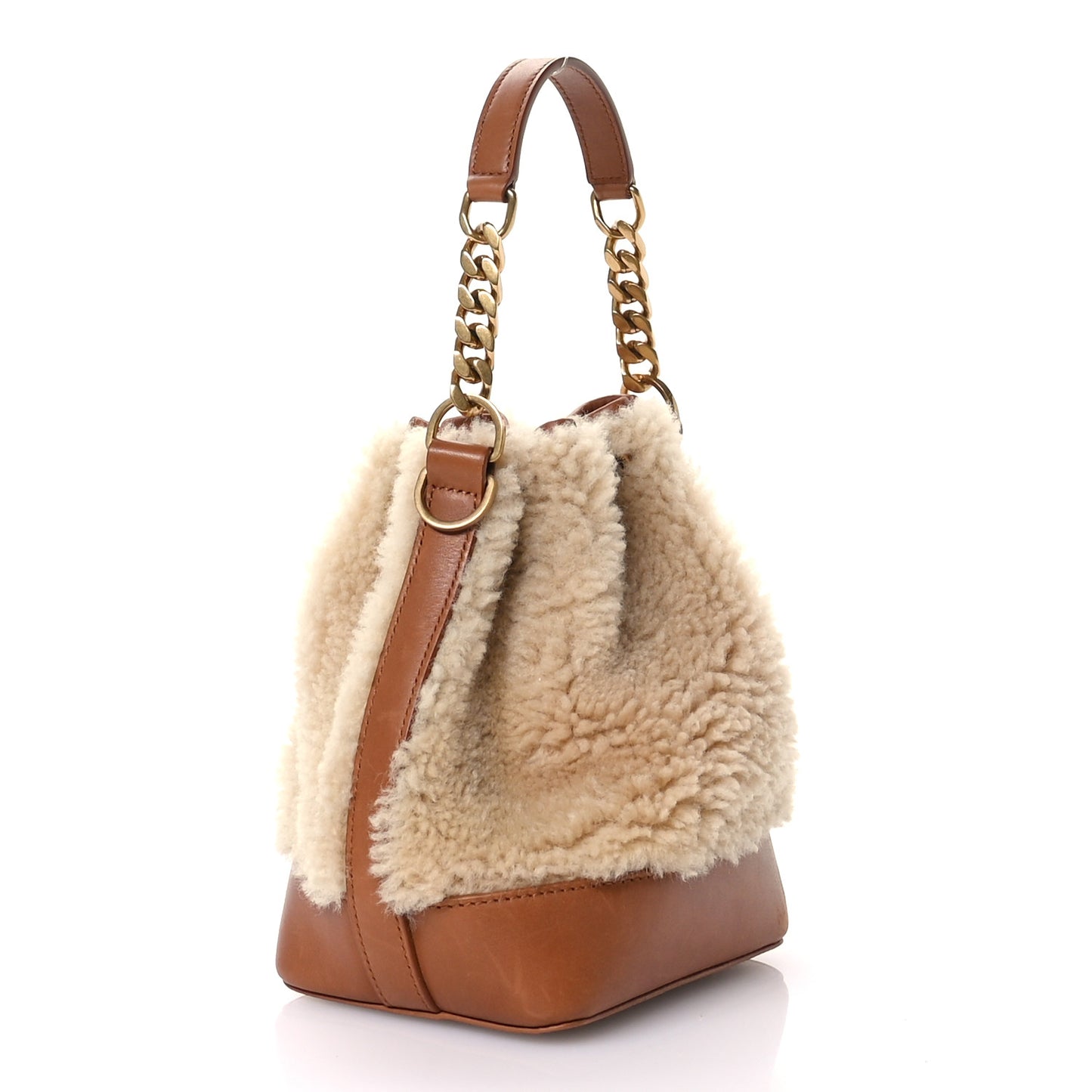 Shearling Calfskin Small Emmanuelle Bucket Bag Natural Beige Brick