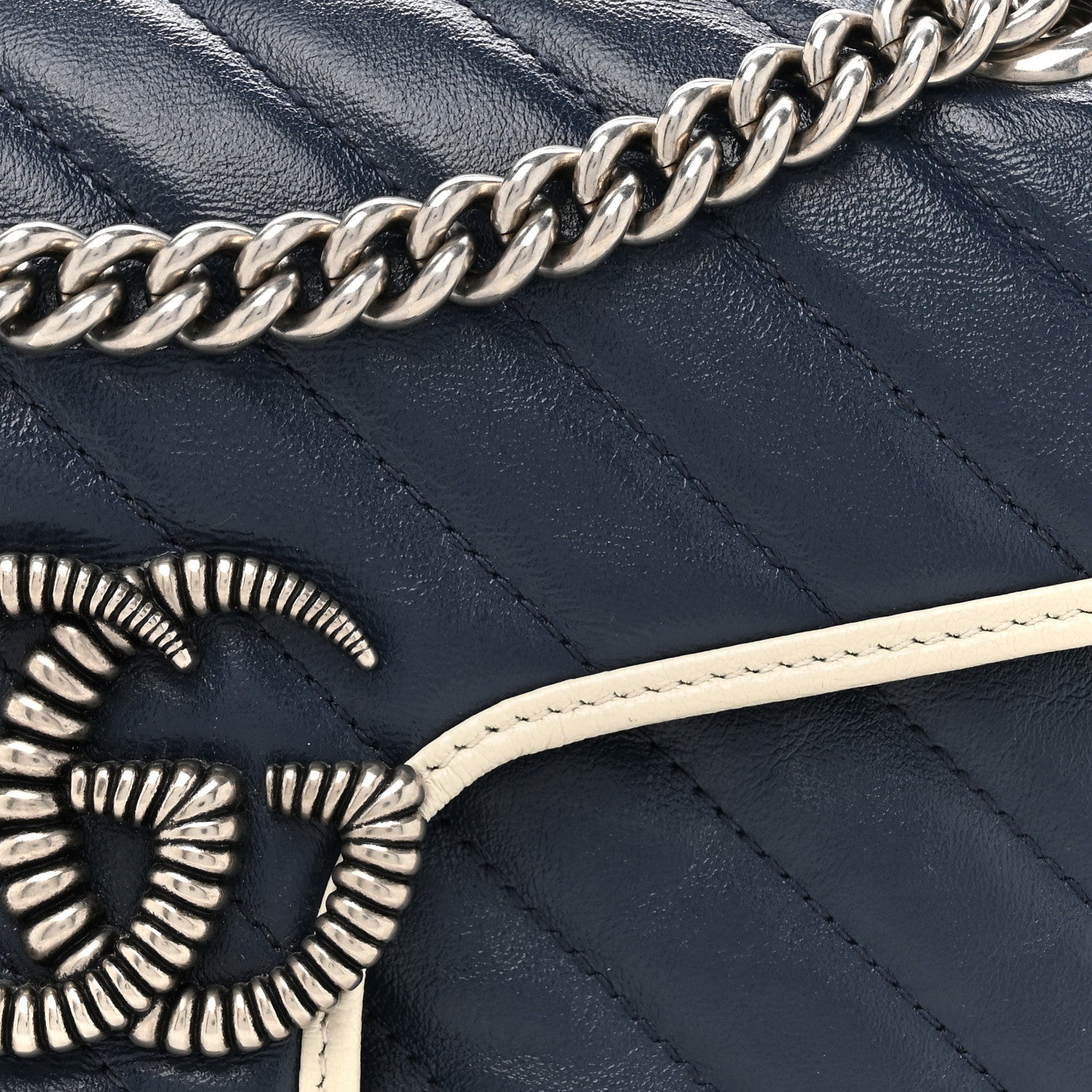 Gucci Vintage Effect Calfskin Matelasse Diagonal Small Torchon GG Marmont Shoulder Bag Blue Agata Mystic White 8 of 15