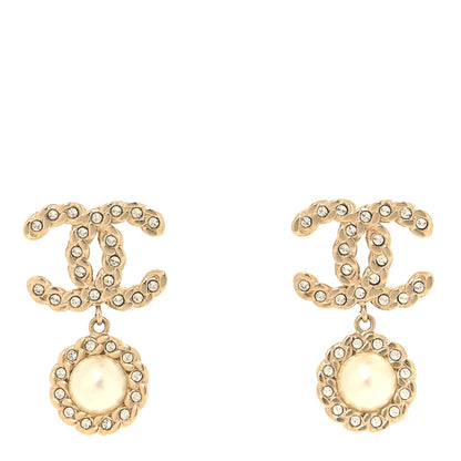 Chanel Crystal Pearl Pearls Coronation CC Drop Clip On Earrings Gold 1 of 4