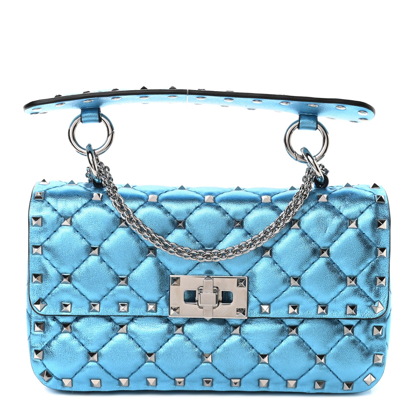 Metallic Nappa Small Rockstud Spike Shoulder Bag Cerulean