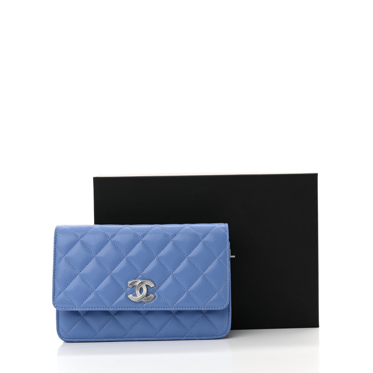 Caviar Quilted Ribbed Metal Wallet on Chain WOC Blue