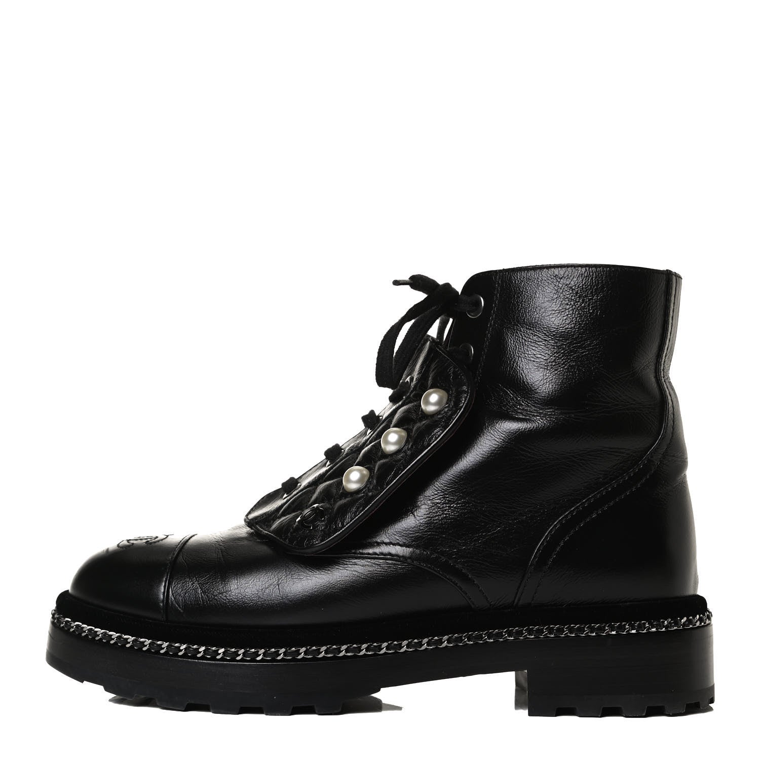 Chanel Crackled Calfskin Velvet Pearl Combat Short Boots 37.5 Black 1 of 15