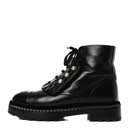 Chanel Crackled Calfskin Velvet Pearl Combat Short Boots 37.5 Black 1 of 15