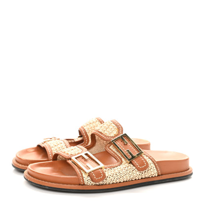 Fendi Raffia Vitello Womens Fendi Feel Buckled Slide Sandals 39 Paglia Brandy 4 of 11